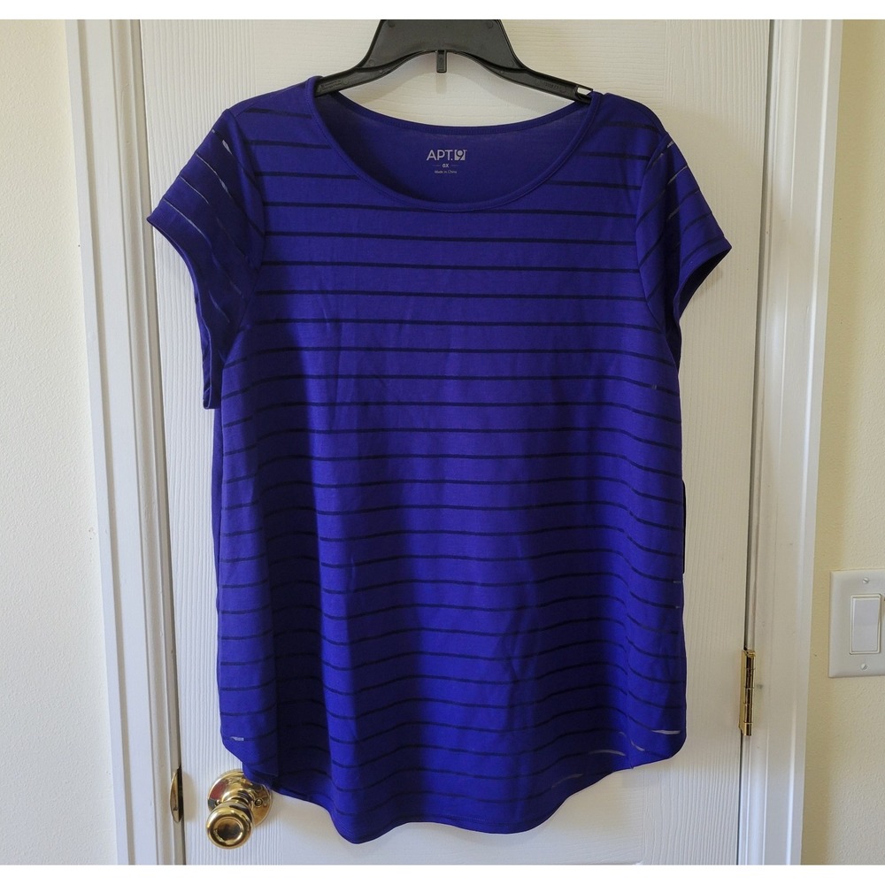 APT.9 High Low Burnout Tee Size 0X Empire Blue Cap Sleeve Striped
